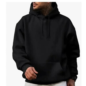 Plain Black  Pullover Hoodie Poly Blend Loose Fit Drawstrings Size Large